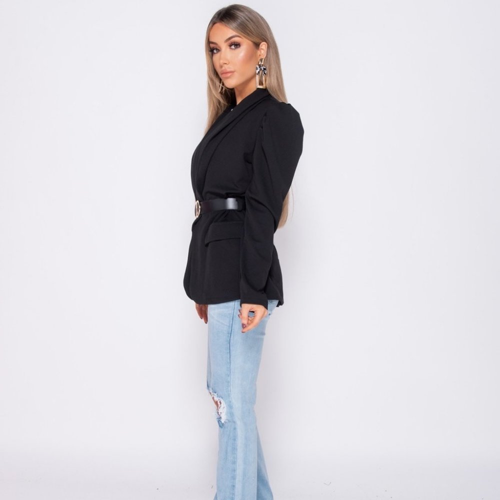LAST 1 Black Long Puff Sleeve Belted Blazer Jacket - Picture 4 of 8